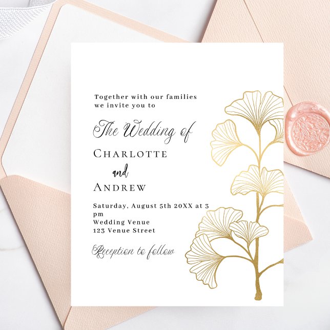 Mariage ginkgo feuille budget or blanc invitation (Créateur téléchargé)