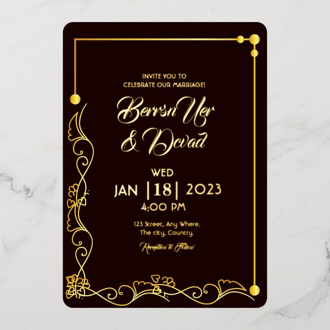Mariage Gold et noir invitation feuille d'or (Recto)