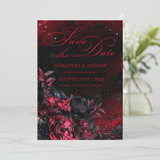 Mariage gothique noir et rouge, faire-part "Save t (Debout devant)