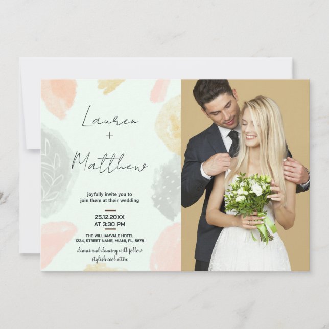 Mariage gris beige Invitations avec photo (Devant)