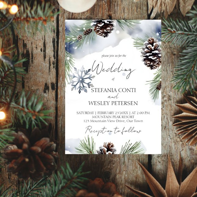Mariage hiver aquarelle neige pins modèle (Winter wedding watercolor snowy pines pine cones editable template invitation digital download)