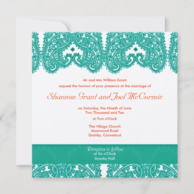 Mariage Invitation Turquoise et corail (Devant)