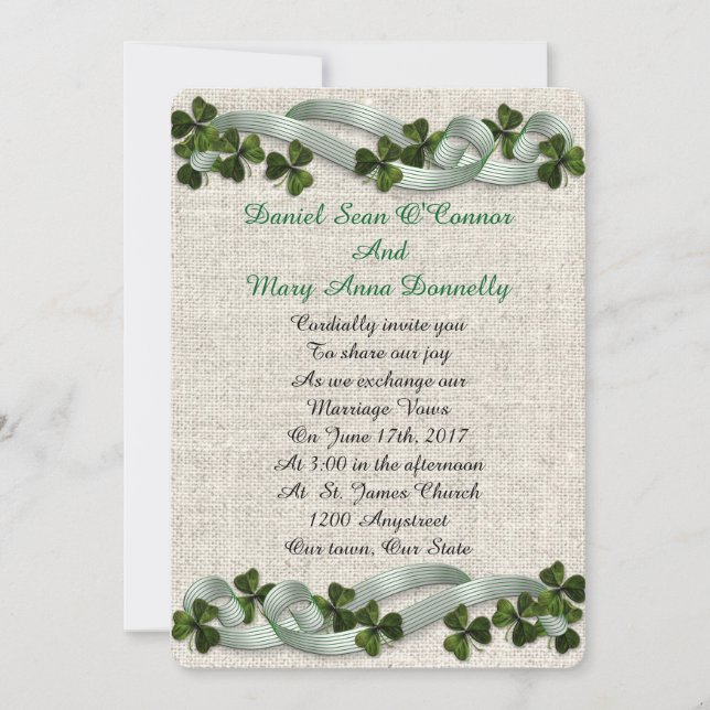 Mariage irlandais Invitations lin élégant (Devant)