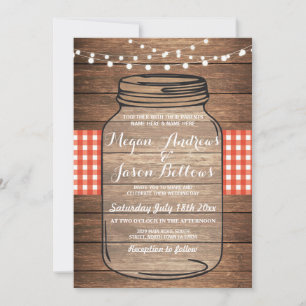 Mariage Jar Wood Rustic Red En vichy Invitation