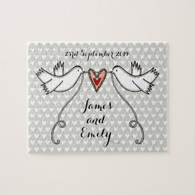 Mariage Jigsaw Puzzle Doves blanches personnalisée (Horizontal)