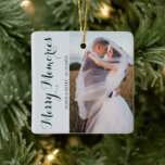Mariage Joyeux Souvenirs Photo Ornement en céramiq<br><div class="desc">Revivez votre mariage chaque jour de Noël alors que vous sortez ce magnifique ornement photo pour décorer votre arbre. Ce magnifique ornement carré personnalisé de Merry Memories vous propose un texte élégant et élégant, que vous pourrez personnaliser avec les noms des jeunes mariés et la date de leur mariage. Téléchargez...</div>