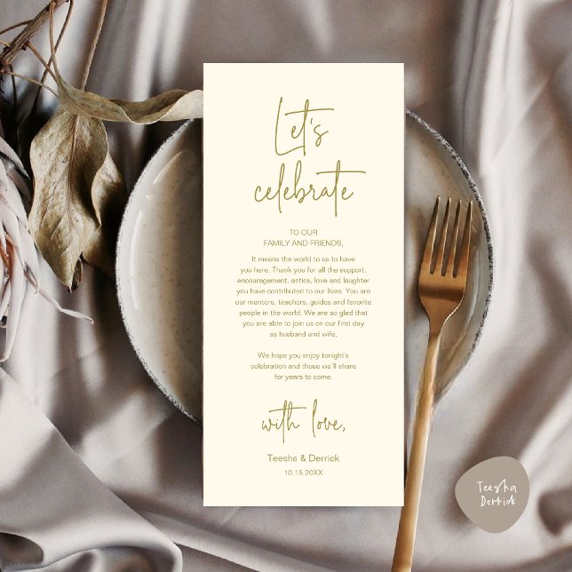Mariage Lieu Cadre Dîner Fête Carte de remerciemen (Modern Wedding Dinner Place Setting Dinner Party Thank You Card, Let's Celebrate,Cute Yellow Gold)