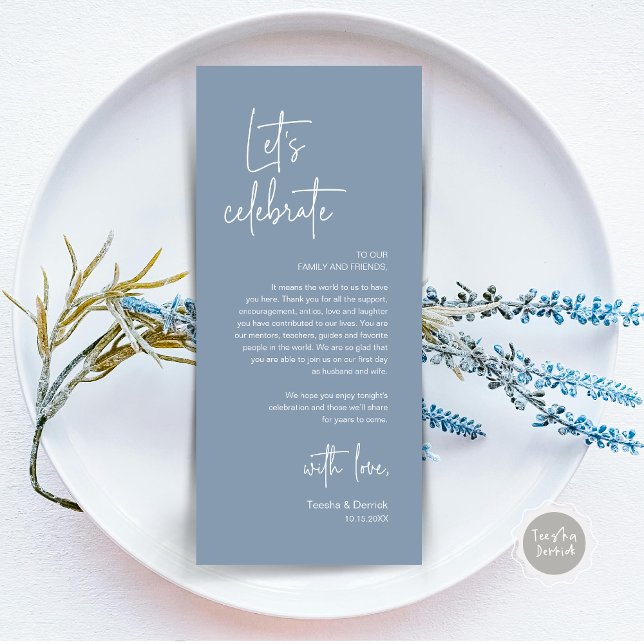 Mariage Lieu Cadre Dîner Fête Carte de remerciemen (Modern Wedding Dinner Place Setting Dinner Party Thank You Card, Let's Celebrate, Dusty Blue)