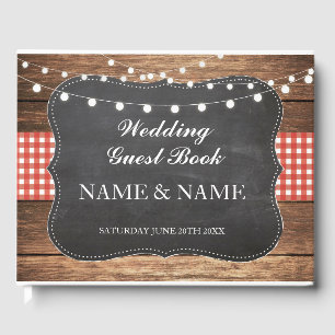 Mariage Livre d'hôtes Wood Rustic Lights Red Check