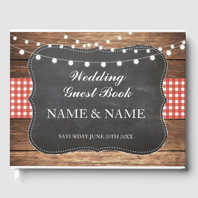 Mariage Livre d'hôtes Wood Rustic Lights Red Check (Recto)
