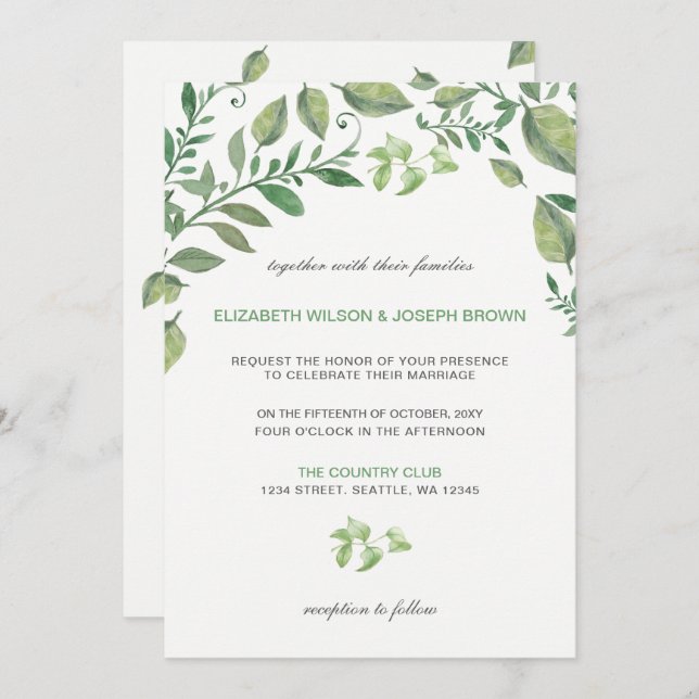 Mariage magnifique botanique vert invitations (Devant / Derrière)