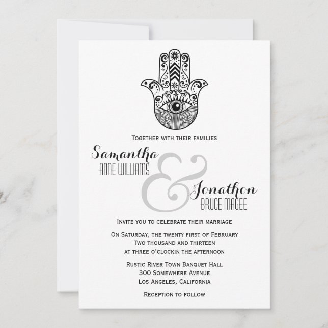 Mariage main Hamsa Invitation noir et blanc (Devant)