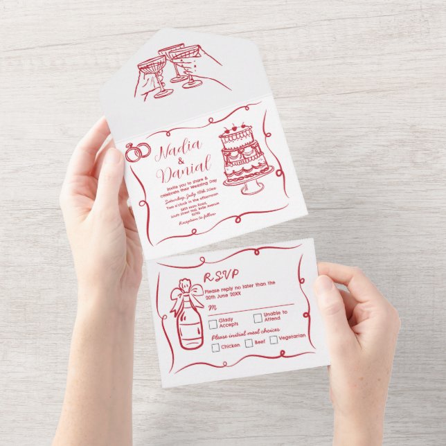 Mariage main tiré Whimsical Red Invitation et RSVP (Déchirure)