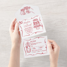 Mariage main tiré Whimsical Red Invitation et RSVP