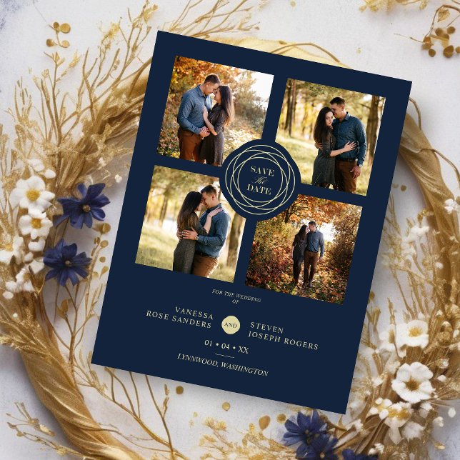 Mariage Marine Gold 4 Photos Moderne Collage Scrip (Wedding Navy Gold 4 Photos Modern Collage Script Save the Date with Envelope.)