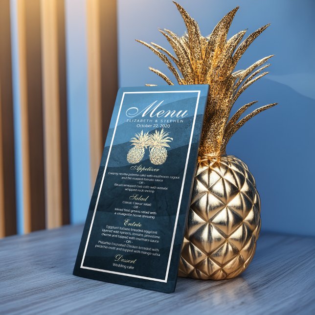 Mariage Menu Chic Gold Ananas Couple Marine Bleu (Créateur téléchargé)