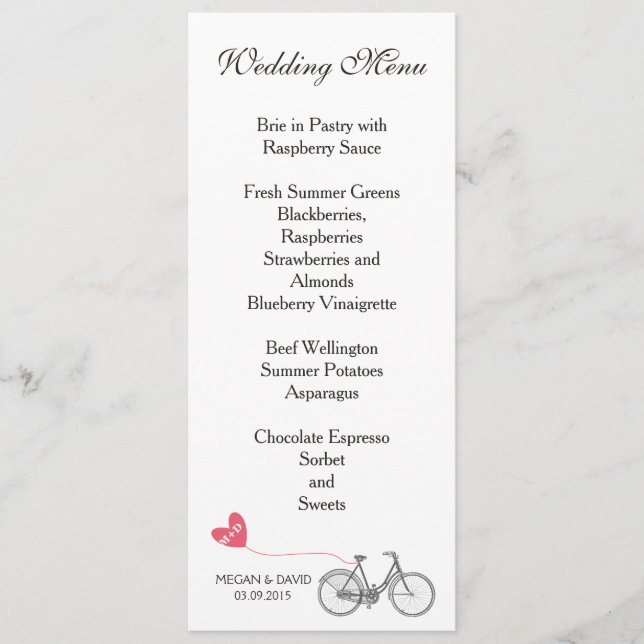 Mariage Menu élégant blanc romantique vélo (Devant)
