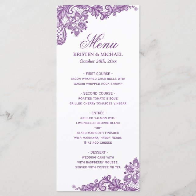 Mariage Menu Élégant Lavande Purple Lace Motif (Devant)