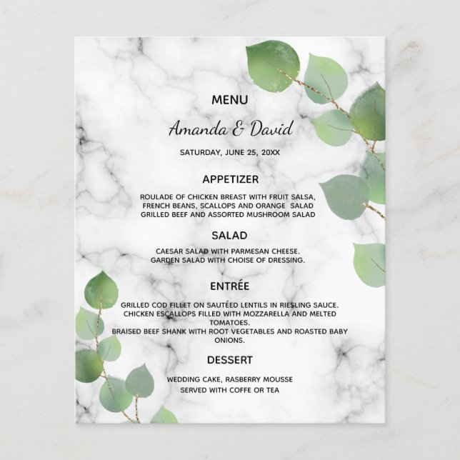 Mariage Menu eucalyptus vert marbre botanique (Devant)