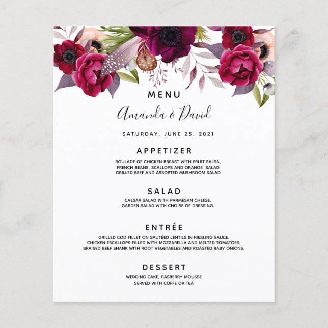 Mariage Menu floraux blanc bordeaux cassis violet (Devant)