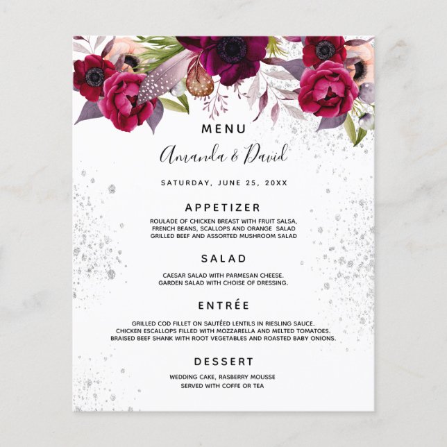 Mariage Menu floraux blanc bordeaux violet parties (Devant)