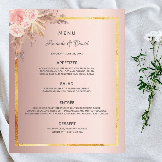 Mariage Menu pampas herbe rose or floral (Créateur téléchargé)