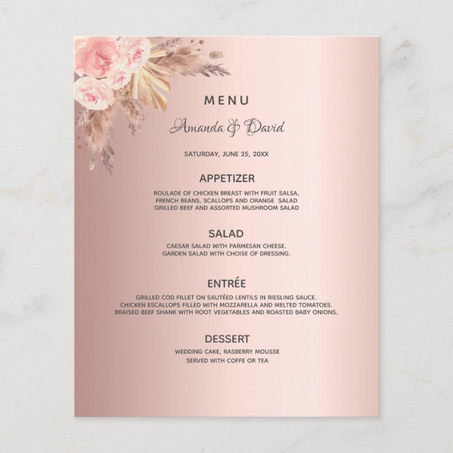 Mariage Menu pampas herbe rose or floral (Devant)