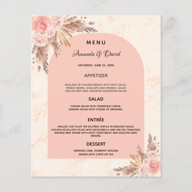 Mariage Menu pampas herbe rose or marbre fleuri (Devant)
