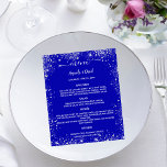 Mariage Menu parties scintillant bleu royal argent<br><div class="desc">Un menu mariage classique. Un arrière - plan bleu royal. Texte blanc. Décoré de parties scintillant en faux argent,  pétillant. Personnalisez et ajoutez votre nom,  votre date et le menu. Vous pouvez ajouter du texte,  des photos à l'arrière. 1 feuille = 1 menu imprimé bord à bord.</div>