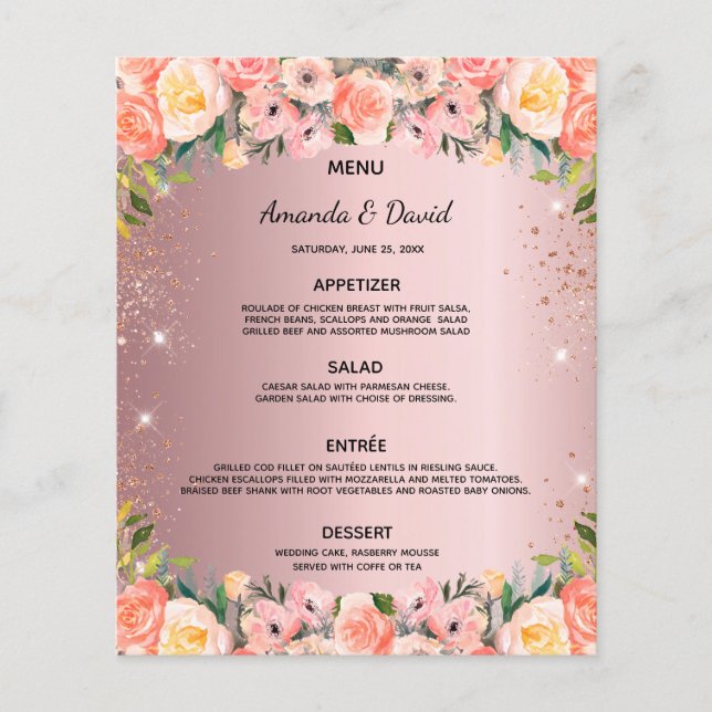 Mariage Menu parties scintillant florale rose pâle (Devant)