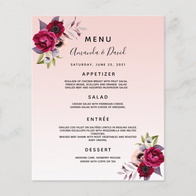 Mariage Menu rose or bordeaux fleurs (Devant)