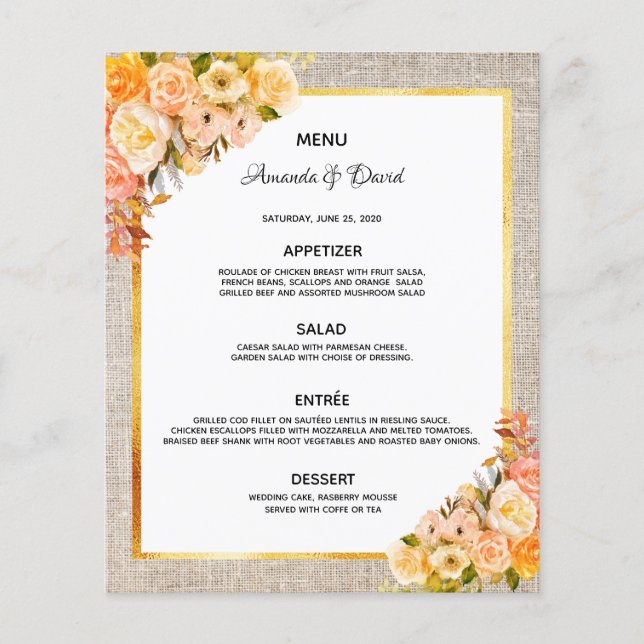Mariage Menu Rustique burlap or florales (Devant)