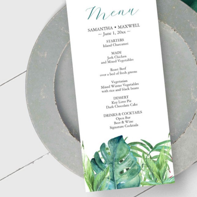 Mariage Menus Tropical Destination Palm Feuille (Wedding menus destination weddings tropical palm leaves watercolor art by Victoria Grigaliunas)