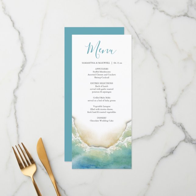 Mariage Menus Watercolor Beach Seashore (Devant/Arrière en situation)
