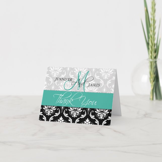 Mariage Merci Cartes Damask Monogramme Turquoise (Devant)