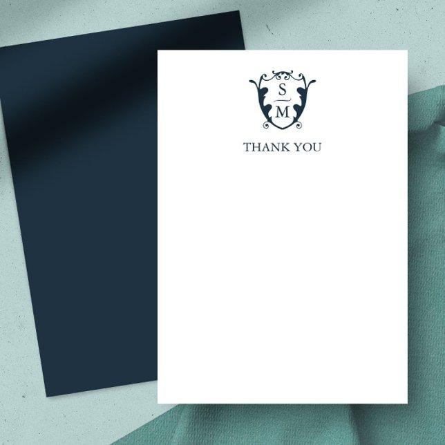 Mariage Merci Cartes Élégant Monogram Crest (thank you card navy blue monogram crest)