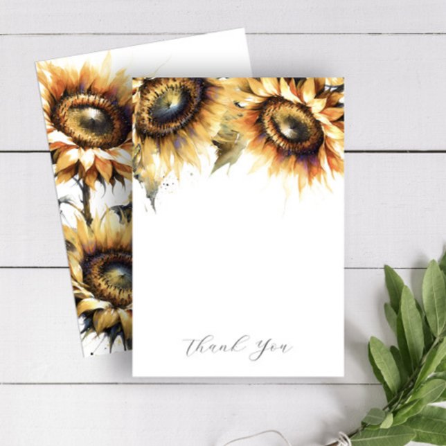 Mariage Merci Cartes Fleurs de soleil jaunes (Thank you note cards feature watercolor sunflowers in shades of yellow on Do Tell A Belle)