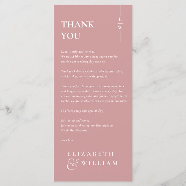 Mariage Merci de Monogramme Rose Dusty Carte Place (Devant)