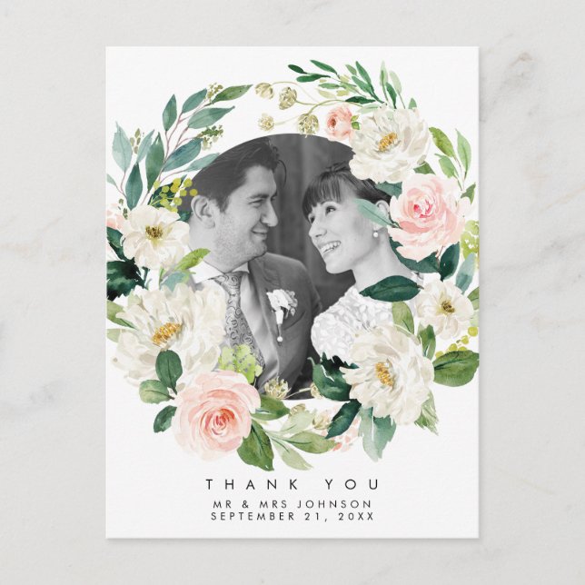 mariage merci photo carte postale floraux roses (Devant)