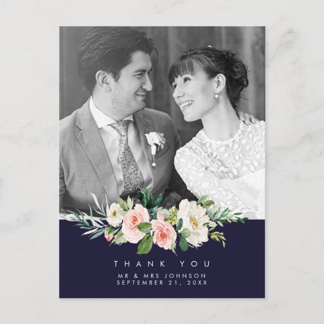 mariage merci photo carte postale marine floral (Devant)