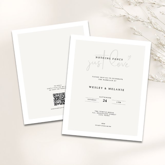 Mariage Minimal Beige QR-code Rien de Fantaisiste (Budget Nothing fancy just love minimalist wedding invitation )