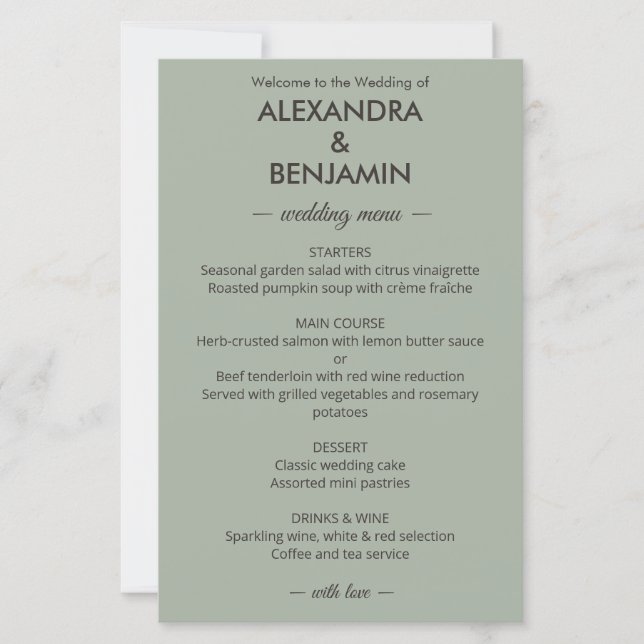 Mariage Minimaliste Moderne | Menu Vert Sauge (Devant)