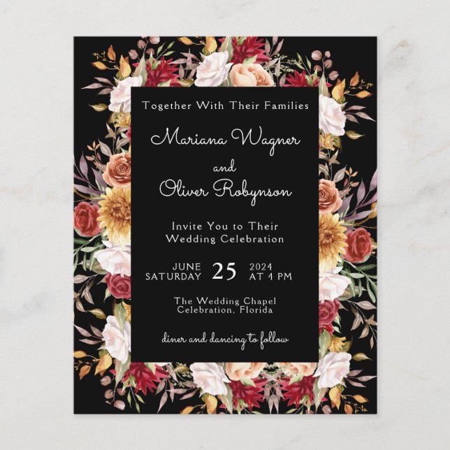 Mariage Moderne Automnal Floral Noir Budget (Devant)