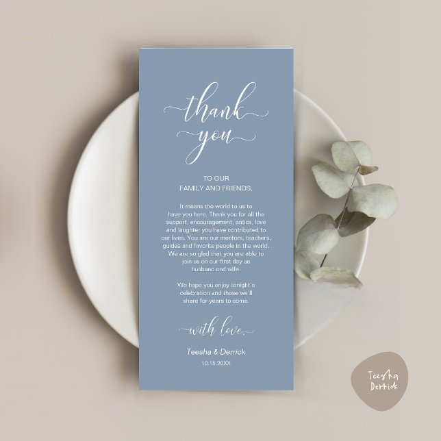 Mariage moderne Cadre Carte de remerciements (Modern Wedding Dinner Place Setting Thank You Card in Classy Dusty Blue)