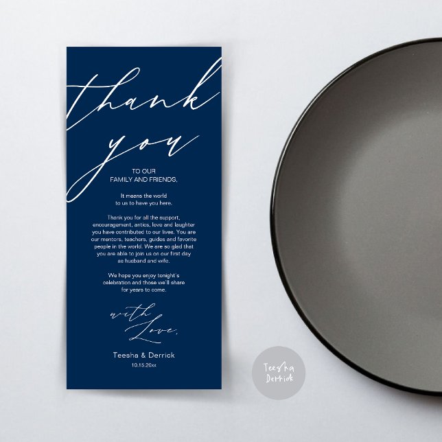Mariage moderne Cadre Merci Carte Dîner (Wedding Dinner Place Setting Thank You Card, Modern Minimalist Script, in Navy Blue)