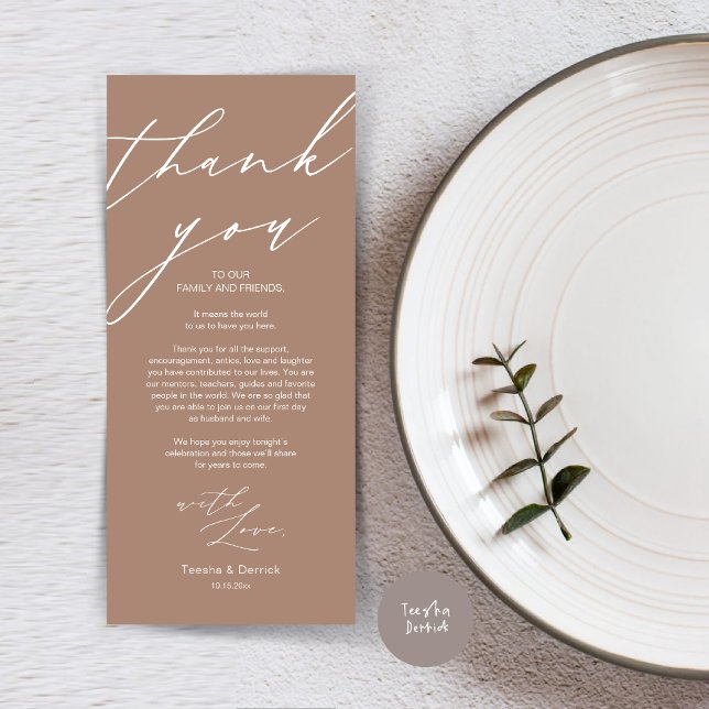 Mariage moderne Cadre Merci Carte Dîner (Wedding Dinner Place Setting Thank You Card, Modern Minimalist Script, in Taupe )