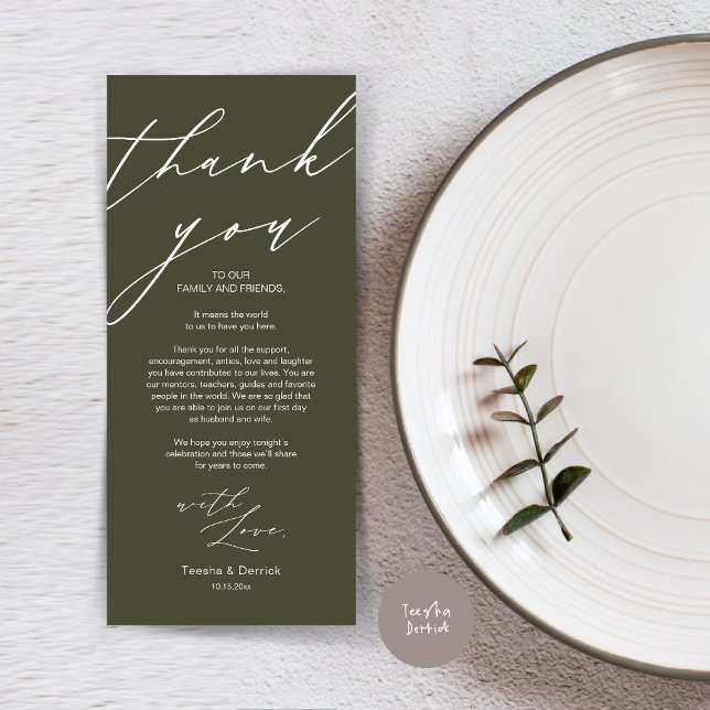 Mariage moderne Cadre Merci Carte Dîner (Wedding Dinner Place Setting Thank You Card, Modern Minimalist Script, in Olive Green)