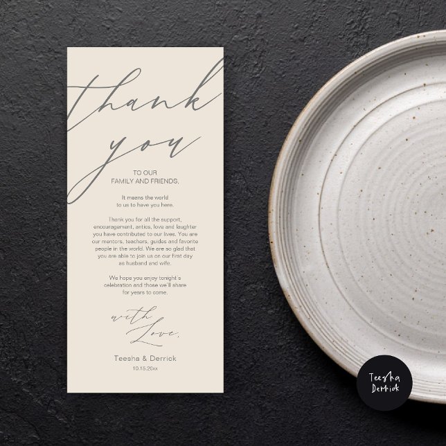 Mariage moderne Cadre Merci Carte Dîner (Wedding Dinner Place Setting Thank You Card, Modern Minimalist Script, in Cream and Grey)