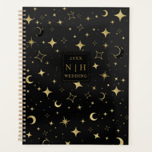 Mariage Moderne Céleste Lune Étoiles Noir & Or