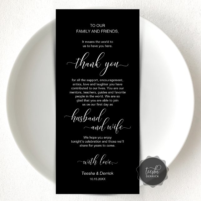 Mariage moderne classique Cadre Carte de remerciem (Wedding Dinner or Elopement Brunch Place Setting Thank You Card, In Modern Classy Black and white)